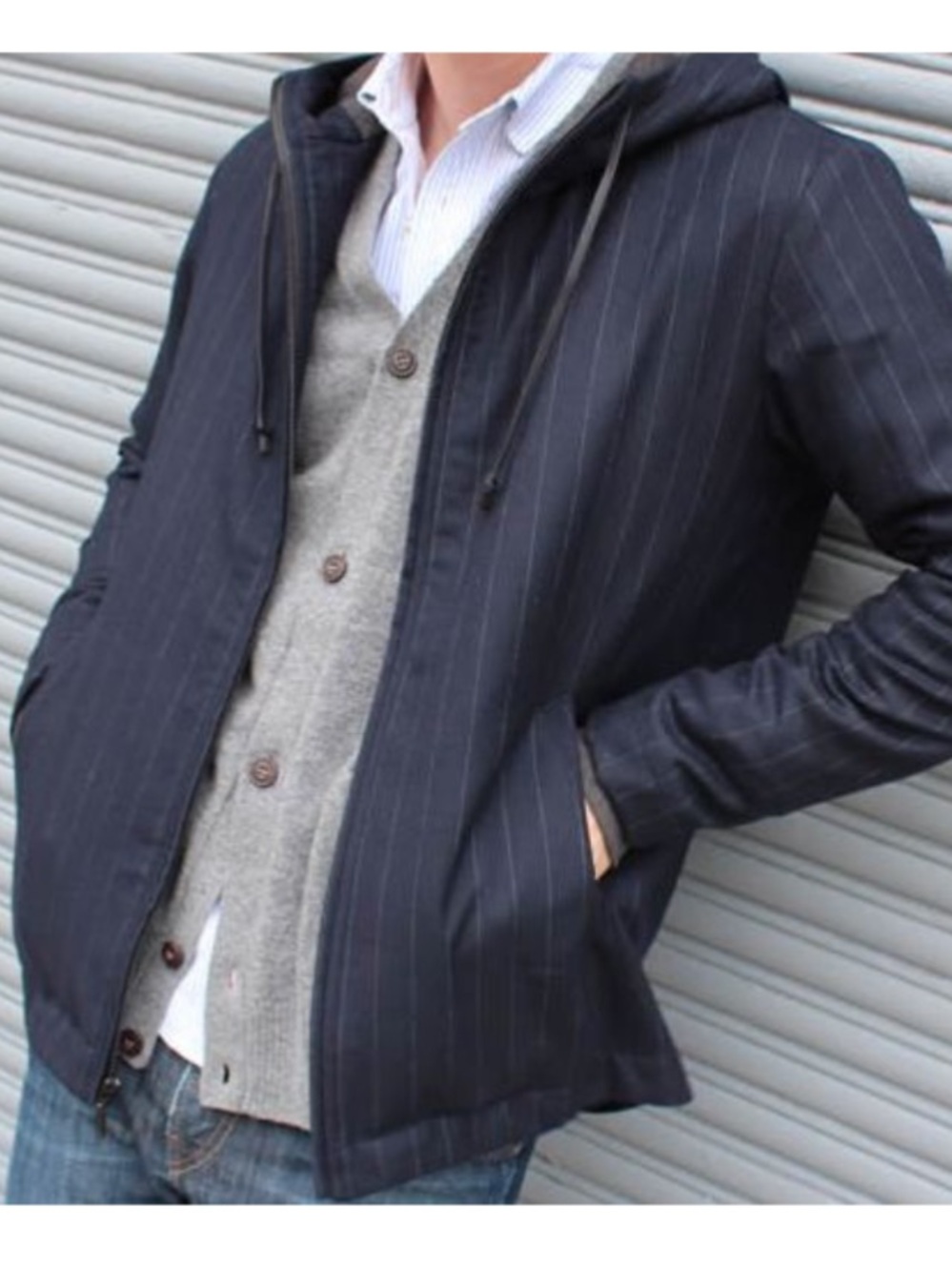 Betabrand Wool Cashmere Executive Pinstripe Hoodie Jacket Blazer Sporty Men’s XL